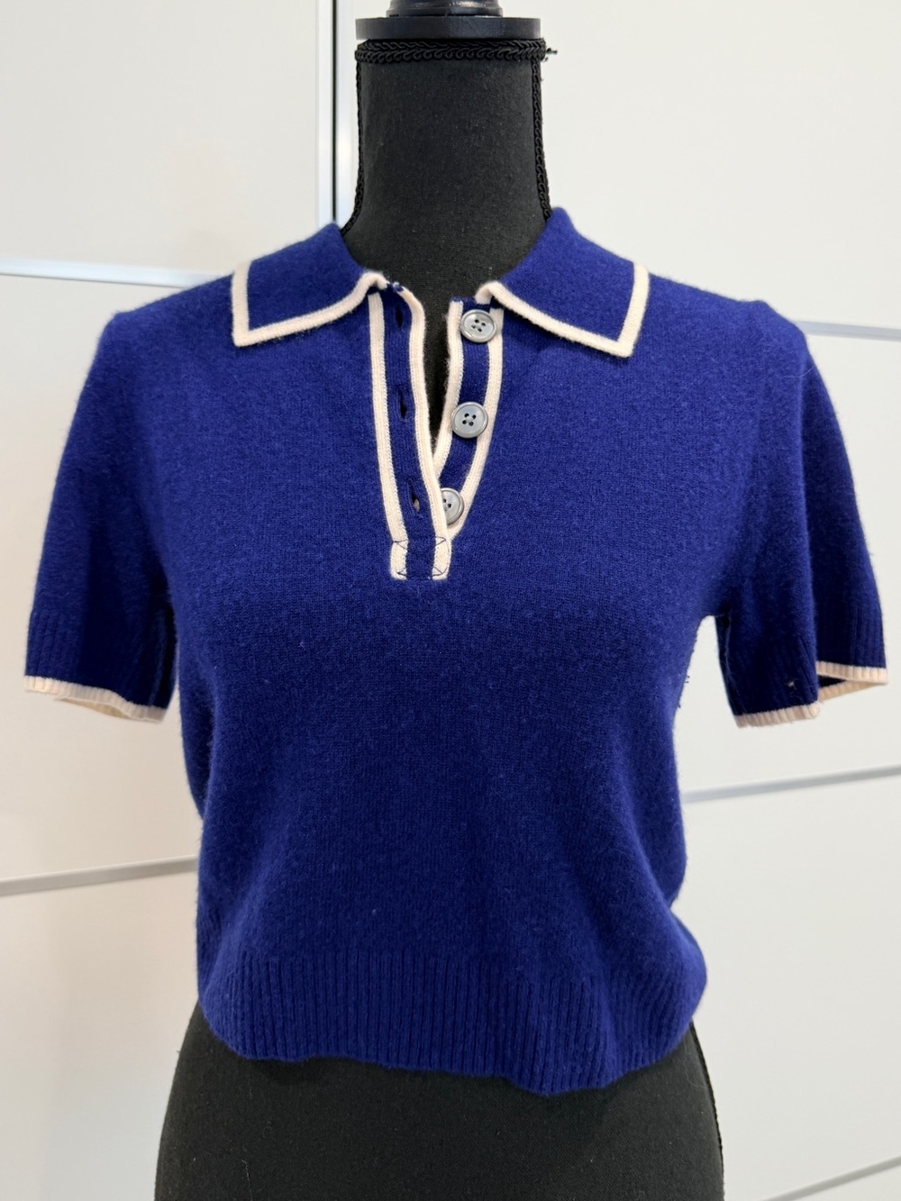 J. Crew Cashmere Navy Blue Short-Sleeve Collared Polo Crop Sweater